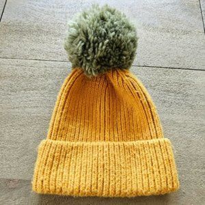 Anthropologie wool blend winter hat yellow/orange and green removable pom pom